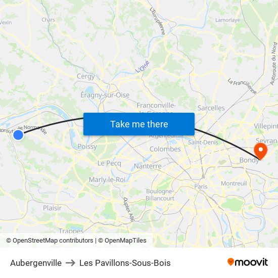 Aubergenville to Les Pavillons-Sous-Bois map