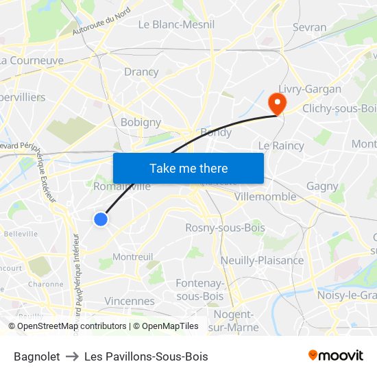 Bagnolet to Les Pavillons-Sous-Bois map