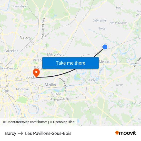 Barcy to Les Pavillons-Sous-Bois map