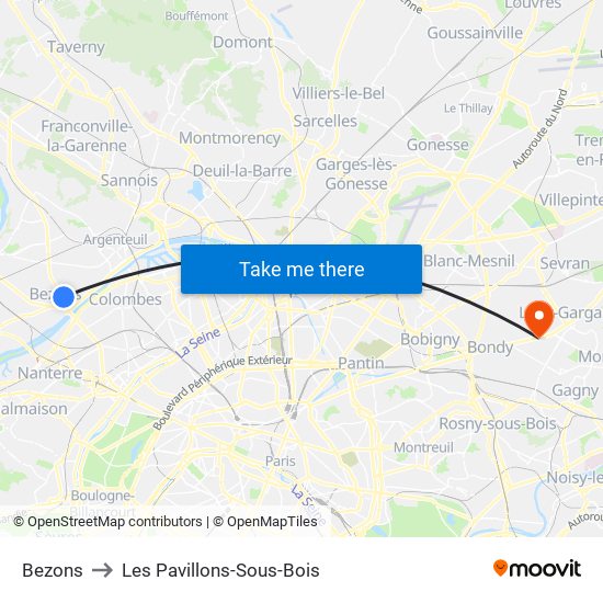 Bezons to Les Pavillons-Sous-Bois map
