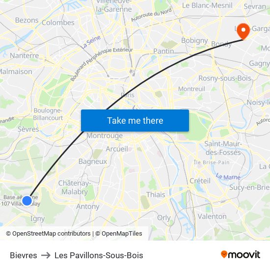 Bievres to Les Pavillons-Sous-Bois map
