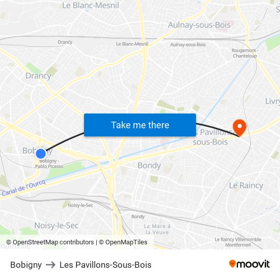 Bobigny to Les Pavillons-Sous-Bois map