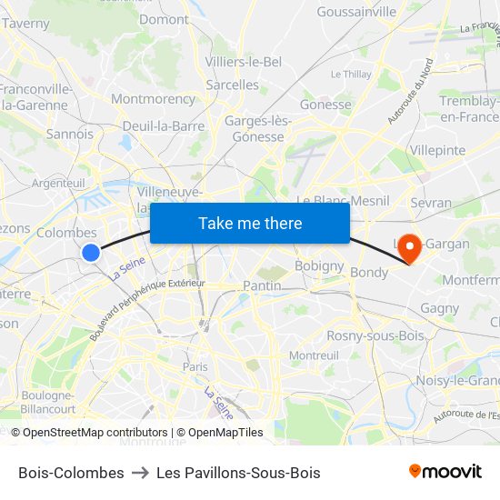 Bois-Colombes to Les Pavillons-Sous-Bois map