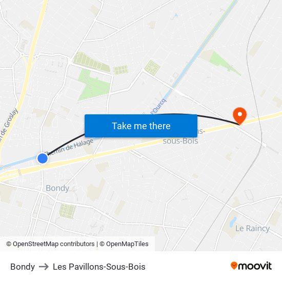 Bondy to Les Pavillons-Sous-Bois map