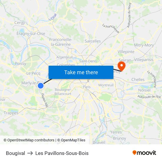 Bougival to Les Pavillons-Sous-Bois map