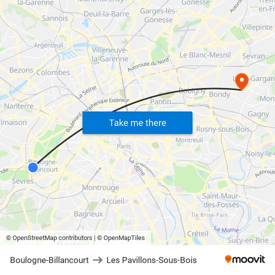 Boulogne-Billancourt to Les Pavillons-Sous-Bois map