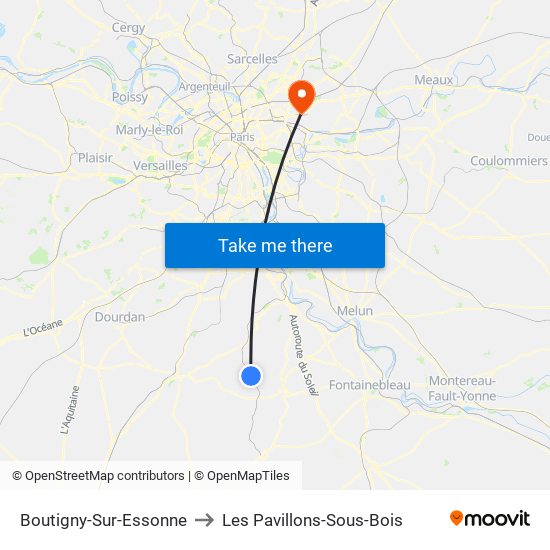 Boutigny-Sur-Essonne to Les Pavillons-Sous-Bois map