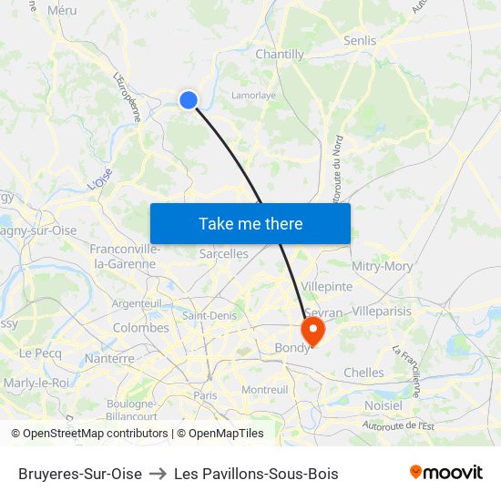 Bruyeres-Sur-Oise to Les Pavillons-Sous-Bois map