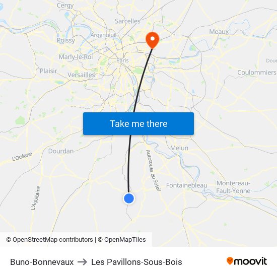 Buno-Bonnevaux to Les Pavillons-Sous-Bois map
