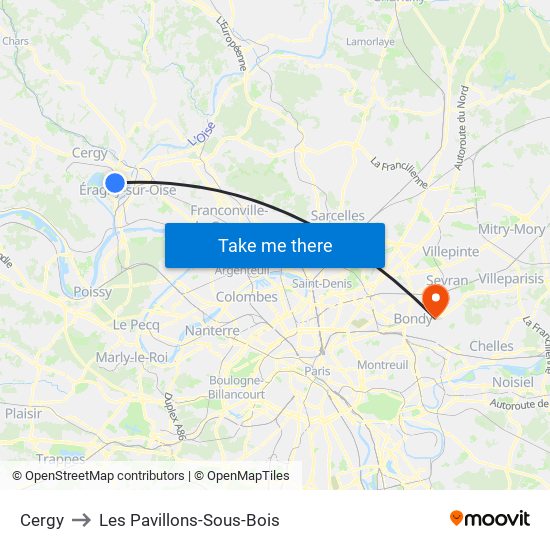 Cergy to Les Pavillons-Sous-Bois map