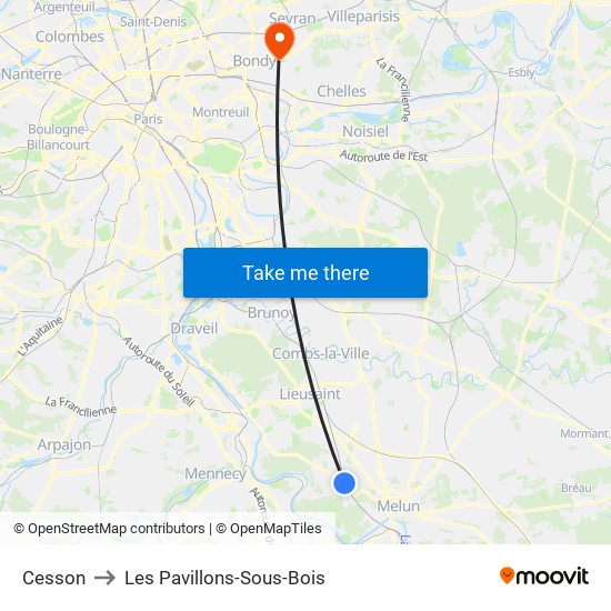 Cesson to Les Pavillons-Sous-Bois map