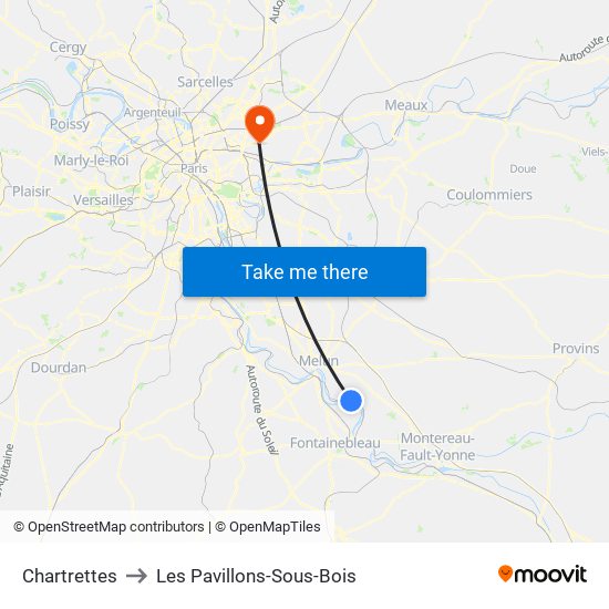 Chartrettes to Les Pavillons-Sous-Bois map