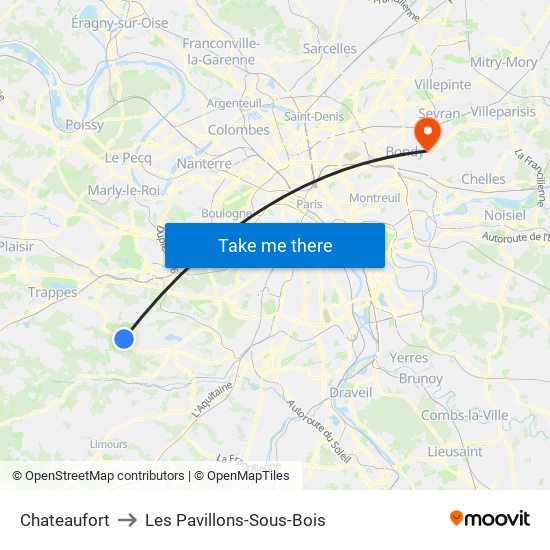 Chateaufort to Les Pavillons-Sous-Bois map