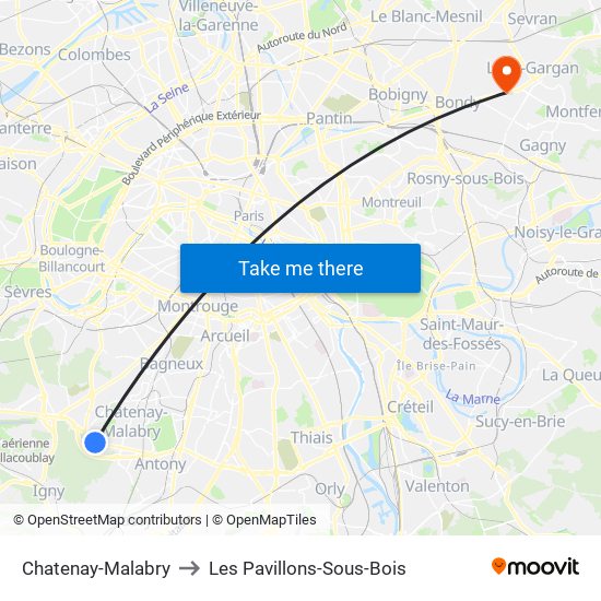 Chatenay-Malabry to Les Pavillons-Sous-Bois map