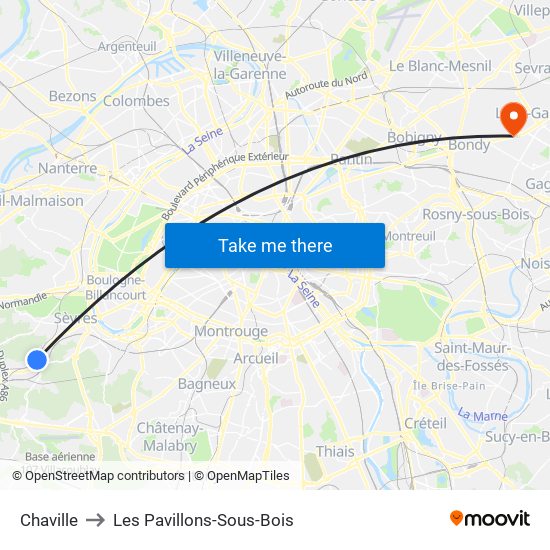 Chaville to Les Pavillons-Sous-Bois map