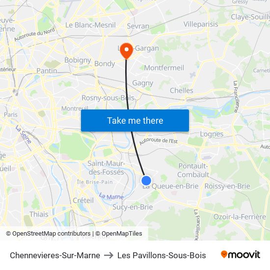 Chennevieres-Sur-Marne to Les Pavillons-Sous-Bois map