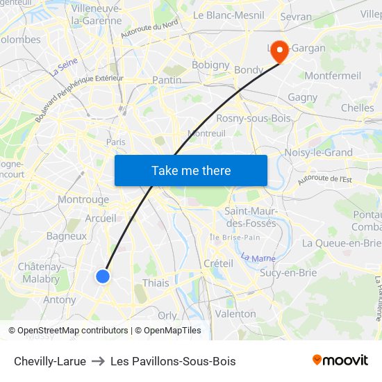 Chevilly-Larue to Les Pavillons-Sous-Bois map