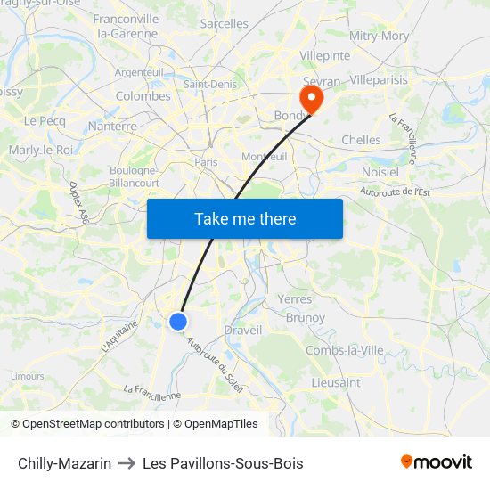 Chilly-Mazarin to Les Pavillons-Sous-Bois map