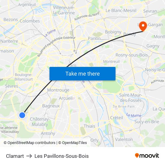 Clamart to Les Pavillons-Sous-Bois map