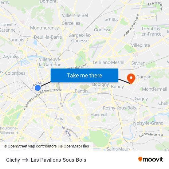 Clichy to Les Pavillons-Sous-Bois map