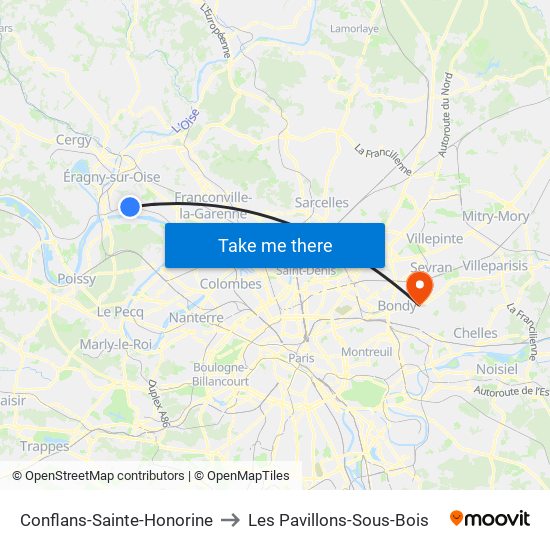 Conflans-Sainte-Honorine to Les Pavillons-Sous-Bois map