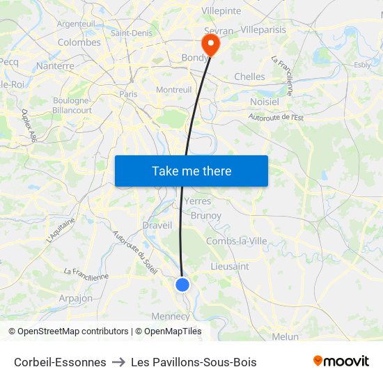 Corbeil-Essonnes to Les Pavillons-Sous-Bois map