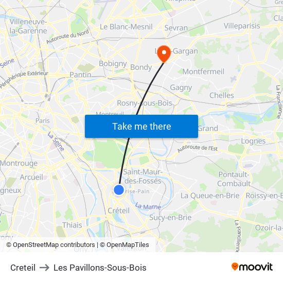 Creteil to Les Pavillons-Sous-Bois map
