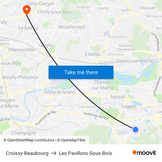 Croissy-Beaubourg to Les Pavillons-Sous-Bois map