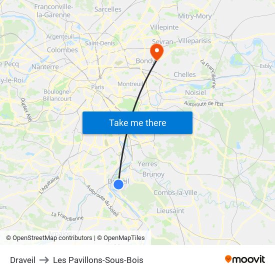 Draveil to Les Pavillons-Sous-Bois map