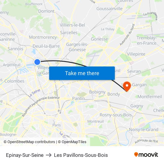 Epinay-Sur-Seine to Les Pavillons-Sous-Bois map