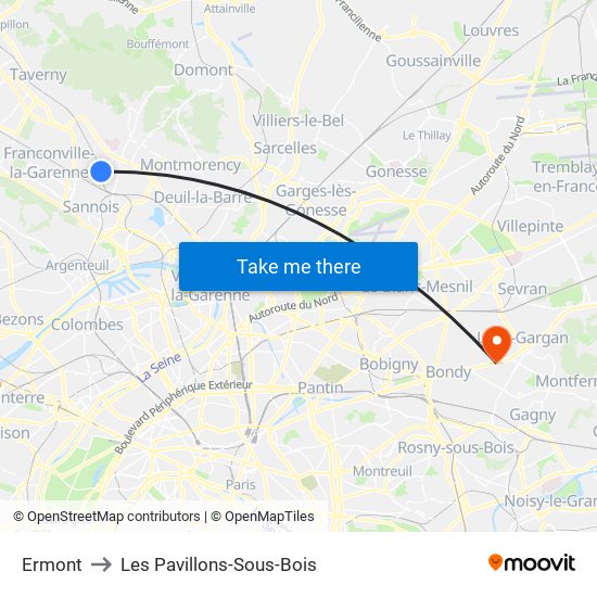 Ermont to Les Pavillons-Sous-Bois map