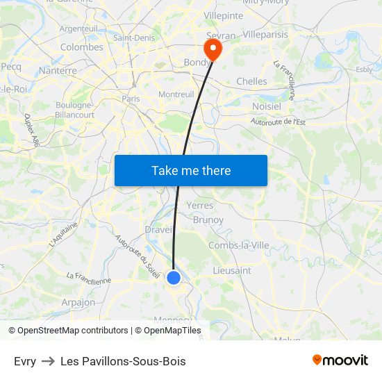 Evry to Les Pavillons-Sous-Bois map