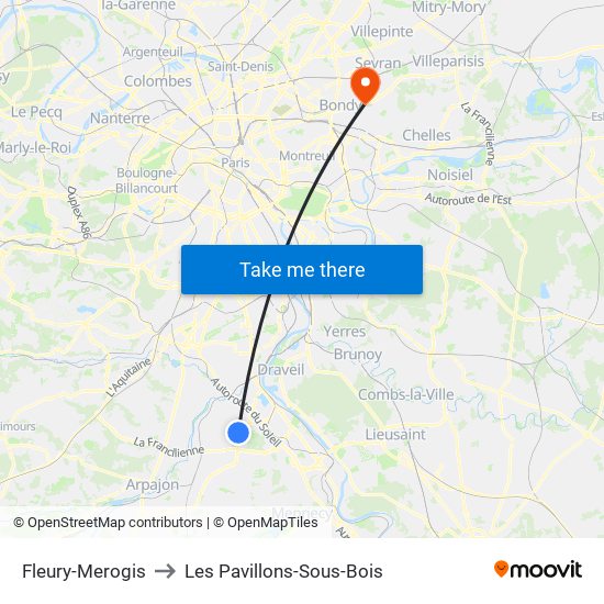 Fleury-Merogis to Les Pavillons-Sous-Bois map