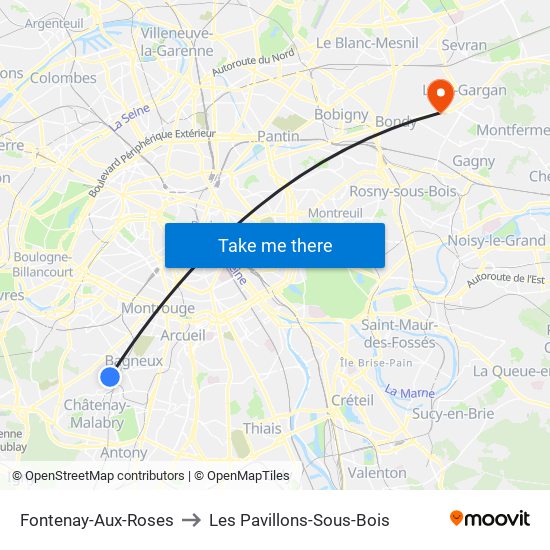 Fontenay-Aux-Roses to Les Pavillons-Sous-Bois map