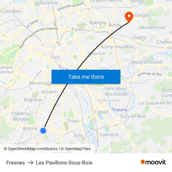Fresnes to Les Pavillons-Sous-Bois map