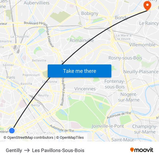 Gentilly to Les Pavillons-Sous-Bois map