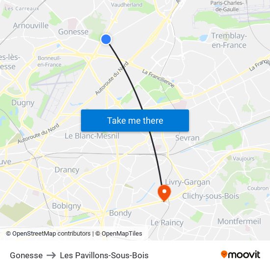 Gonesse to Les Pavillons-Sous-Bois map