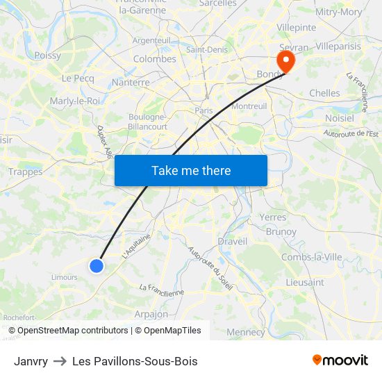 Janvry to Les Pavillons-Sous-Bois map