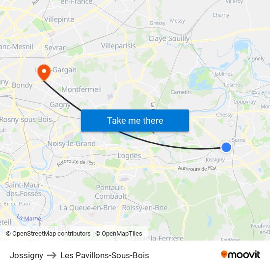 Jossigny to Les Pavillons-Sous-Bois map