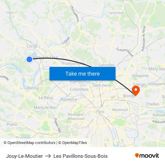 Jouy-Le-Moutier to Les Pavillons-Sous-Bois map