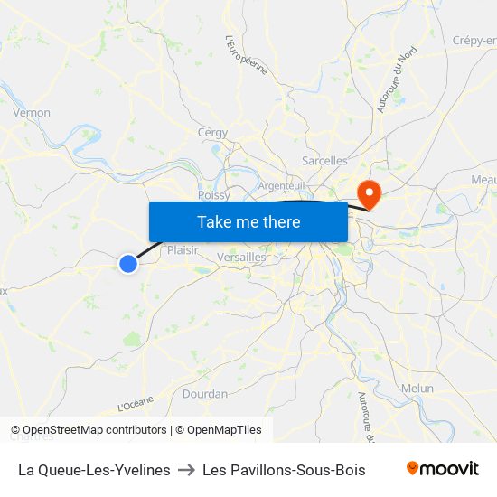 La Queue-Les-Yvelines to Les Pavillons-Sous-Bois map