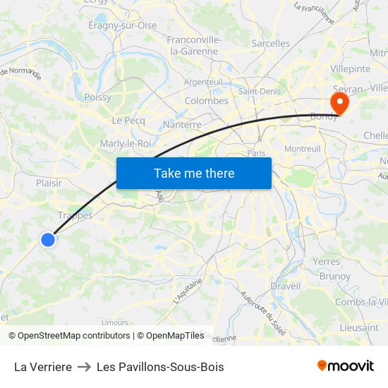 La Verriere to Les Pavillons-Sous-Bois map