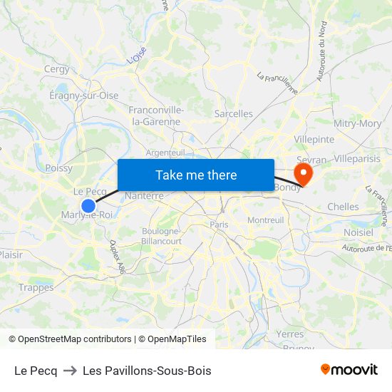 Le Pecq to Les Pavillons-Sous-Bois map