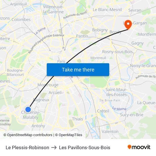 Le Plessis-Robinson to Les Pavillons-Sous-Bois map