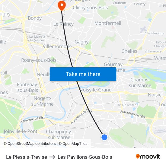 Le Plessis-Trevise to Les Pavillons-Sous-Bois map