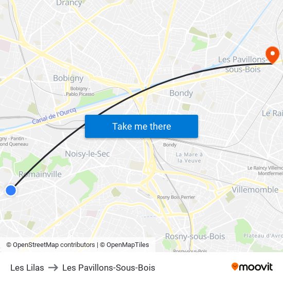 Les Lilas to Les Pavillons-Sous-Bois map