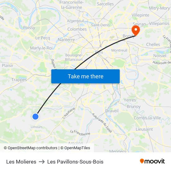 Les Molieres to Les Pavillons-Sous-Bois map