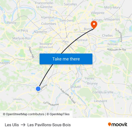 Les Ulis to Les Pavillons-Sous-Bois map