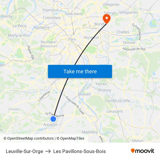 Leuville-Sur-Orge to Les Pavillons-Sous-Bois map