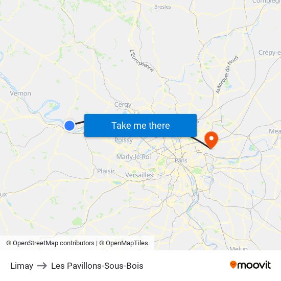 Limay to Les Pavillons-Sous-Bois map